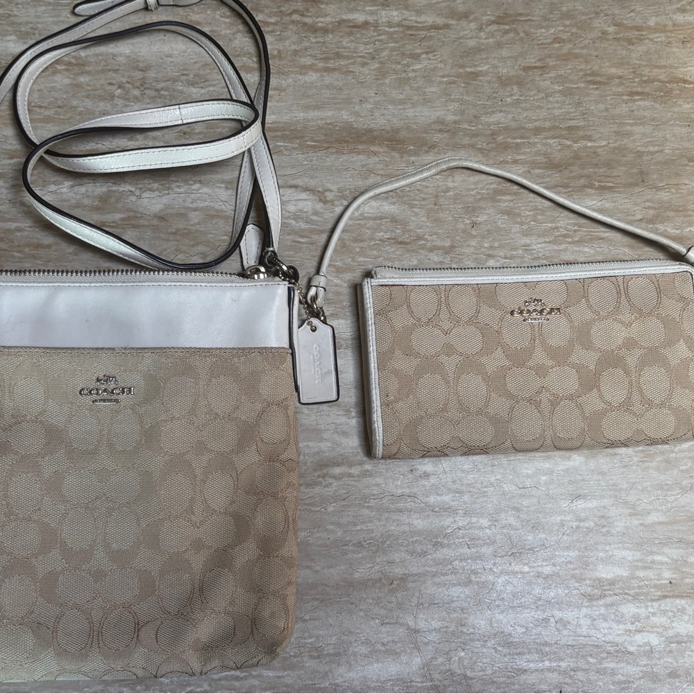 Coach Signature Crossbody + Wallet Set Beige Canvas Leather Trim
